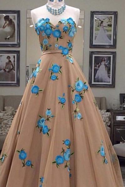 Champagne tulle embroidery sweetheart A line prom