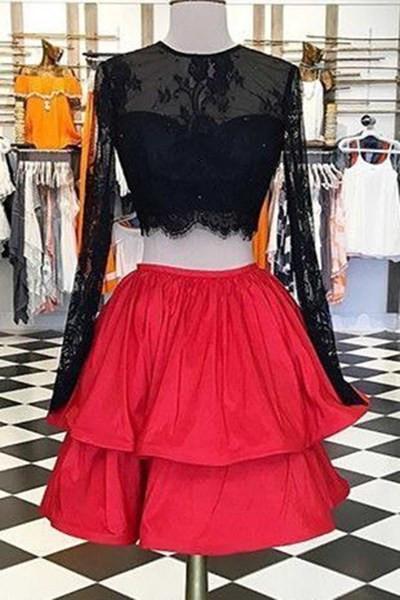 Beautiful red satins black lace long sleeves two pieces short Homecoming dress casual