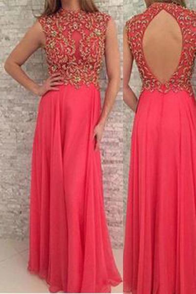 Coral chiffon high neck sequin long prom dress evening