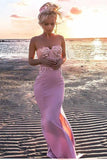 Sexy Mermaid Sweetheart Pink Strapless Satin Sleeveless Prom Dress with Applique Split