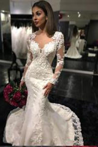Sexy White Yarn Button Back Long Sleeve Lace Mermaid Charming Chapel Trailing Wedding Dress