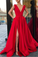Red A Line Deep V Neck Split Prom Dresses with Pockets Strap High Slit Evening Dress