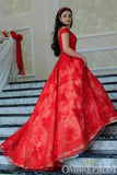Red Off Shoulder V Neck A Line Lace Prom Dresses Long Ball Gowns