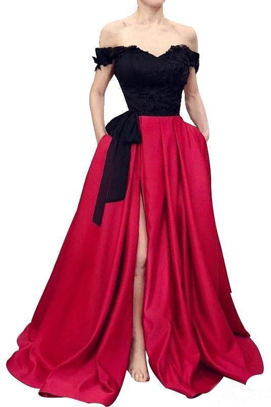 Red Off the Shoulder Satin Black Appliques V Neck Prom Dresses with Split Pockets