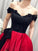Red Off the Shoulder Satin Black Appliques V Neck Prom Dresses with Split Pockets