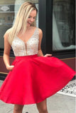 Red Satin V Neck Homecoming Dresses with Pockets Beads Above Knee Short Prom Dresses