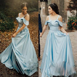 Satin Light Blue Prom Gowns with Folded Neckline Sweetheart Long Prom Dresses
