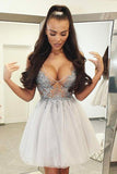 Sexy A Line V Neck Short Ivory Tulle Homecoming Dress with Beads Backless Cocktail Dress