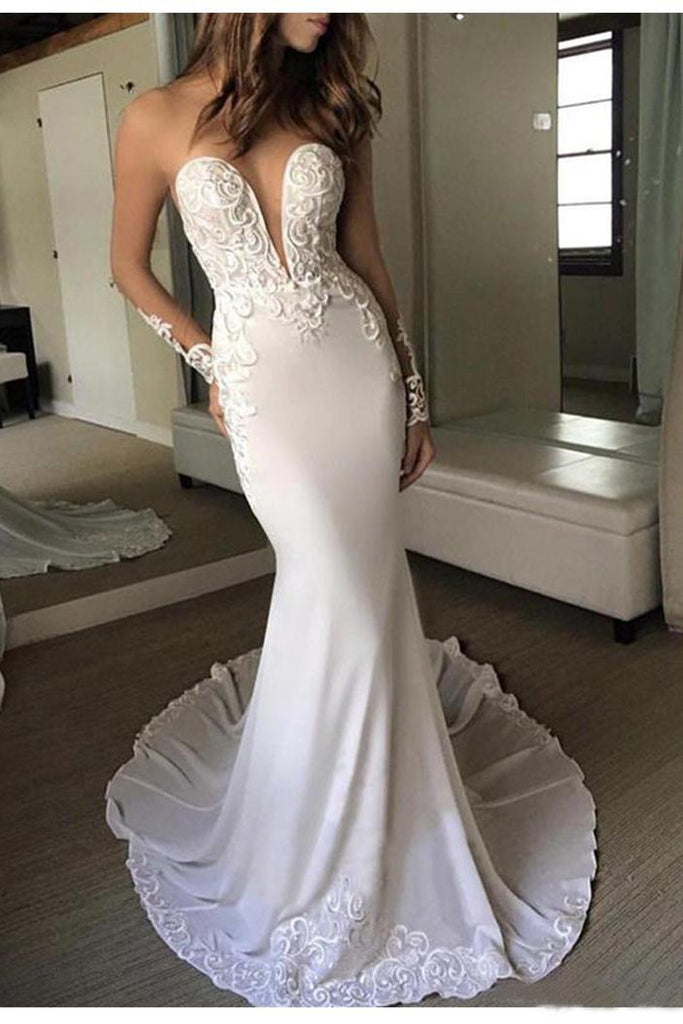 Sexy Berta Mermaid V Neck Wedding Dress Long Sleeves Open Back Wedding Gowns