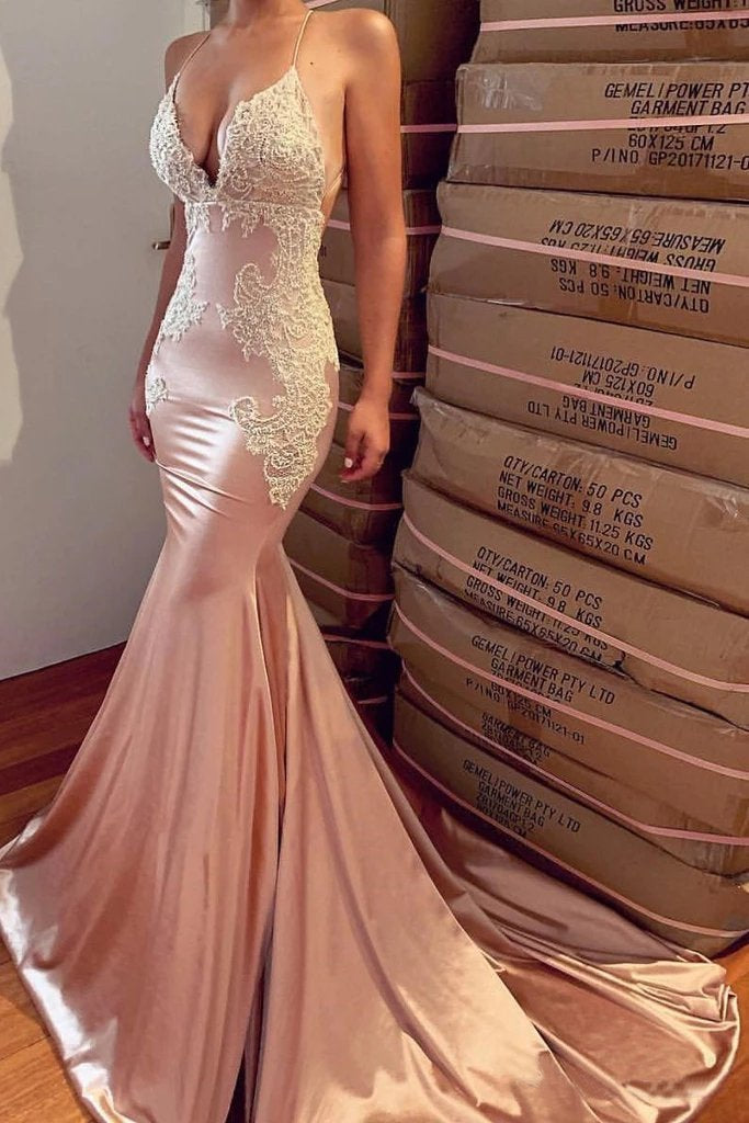 Sexy Mermaid Backless Prom Dress Nude V Neck Long Lace Spaghetti Straps Prom Dresses