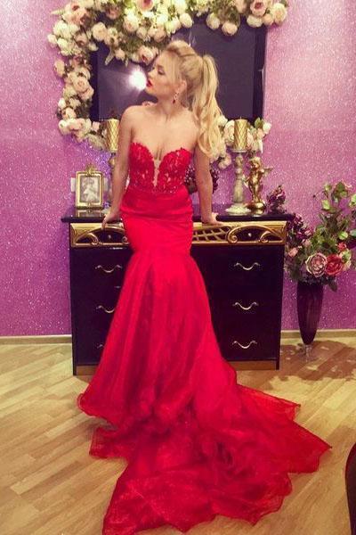 Sexy Red Mermaid Sweetheart Prom Dresses Satin Strapless Long Party Dresses