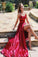 Sexy Spaghetti Straps Side Slit Red Satin Long Prom Dresses Cheap Evening Dresses