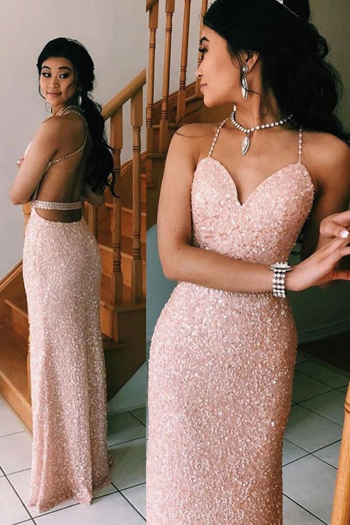 Sexy Spaghetti Straps V Neck Pink Rose Gold Prom Dresses Backless Evening Gowns