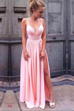 Sexy V Neck Prom Dresses Pink Spaghetti Straps Ruffles Floor Length Party Dresses with Slit