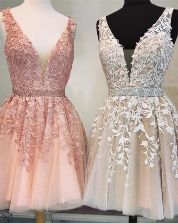 Short V Neck Beaded Ivory Tulle Prom Dresses Homecoming Dresses Lace Embroidery