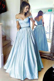 Simple A-Line Off the Shoulder Blue Long Sweetheart Prom Dress with Pockets