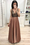 Simple A Line Long V Neck Brown Prom Dresses With Beads Cheap Party Dresses