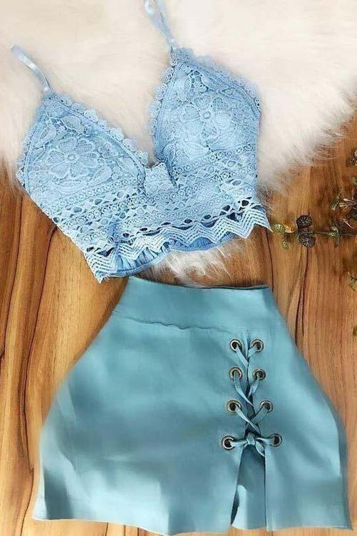 Simple A Line Spaghetti Straps Two Pieces Top Lace V Neck Blue Homecoming Dresses