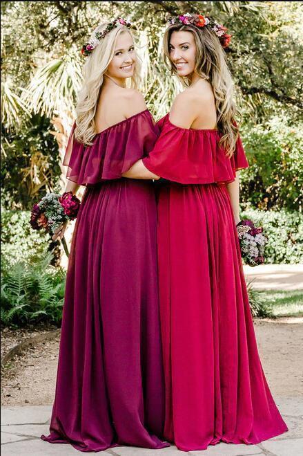 Simple A line Chiffon Red Off the Shoulder Flowy Bridesmaid Dresses Prom Dresses