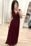 Simple Burgundy Chiffon V Neck Lace Appliques Prom Dresses Long Cheap Prom Gowns