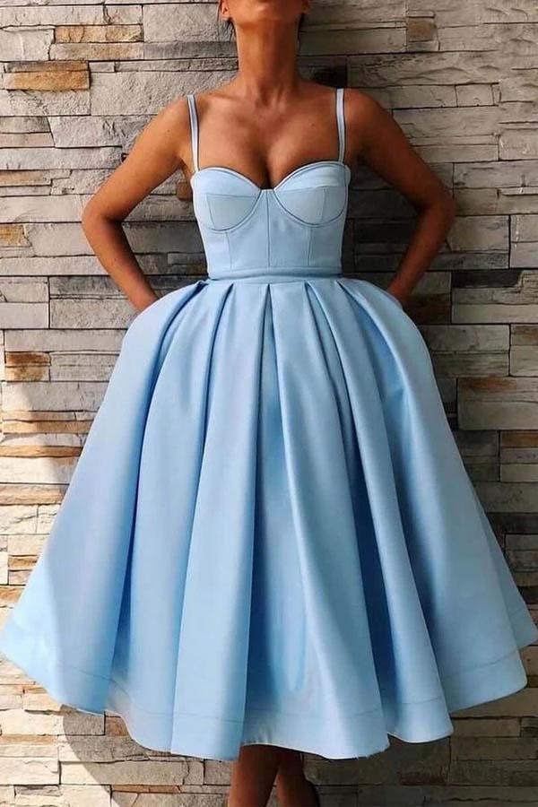 Simple Spaghetti Straps Blue Sweetheart Satin Short Homecoming Dresses with Pockets