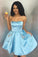 Simple Strapless Cheap Beaded Blue Homecoming Dresses with Pockets Cocktail Dresses