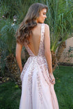 Simple V Neck Long A-line Pink Sequins Open Back Simple Flowy Prom Dresses