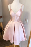 Simple V Neck Straps Short Pink Homecoming Dress Backless Satin Sweet 16 Dresses