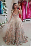 Spaghetti Straps Floral Embroidery Sweetheart Prom Dresses Long Formal Dress