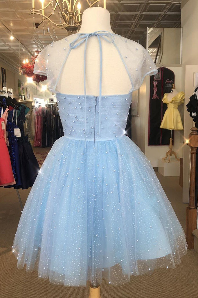 Sparkle Beaded Cap Sleeves Light Sky Blue Tulle Homecoming Dress Sweet 16 Dresses