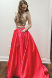 Sparkly Two Piece Beaded Satin Red High Neck Long Prom Dresses with Pockets