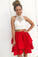 Two Piece High Neck Beads Red Sleeveless Tiered Homecoming Dresses Short Dresses
