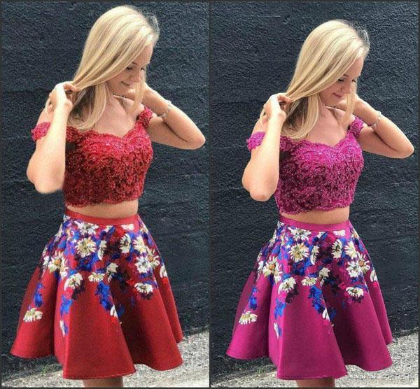 Two Pieces Burgundy Satin Off the Shoulder Homecoming Dresses with Embroidery
