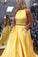 Two Pieces Halter Open Back Yellow Prom Dresses Beads Evening Dresses with Pockets