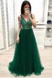 Unique A Line V Neck Beading Prom Dresses Long Tulle Green Evening Dresses