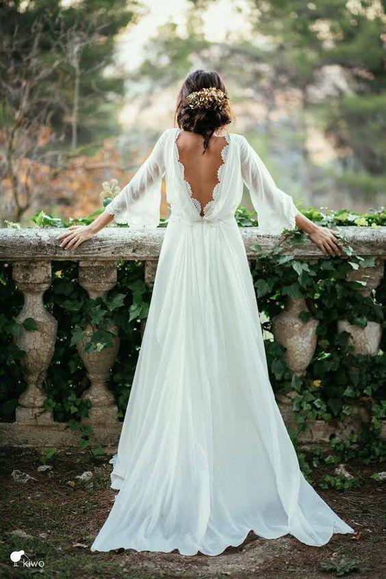 Chiffon Elegant Sexy Long Sleeves and Flirty P-a-boo Back Wedding Dress