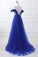 Unique Royal Blue Spaghetti Straps Off the Shoulder Ruffle Appliques Beaded Prom Dresses