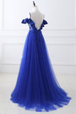 Unique Royal Blue Spaghetti Straps Off the Shoulder Ruffle Appliques Beaded Prom Dresses