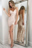 Mermaid Ankle Length Pearl Pink Spaghetti Straps V Neck Sequins Split Prom Dresses
