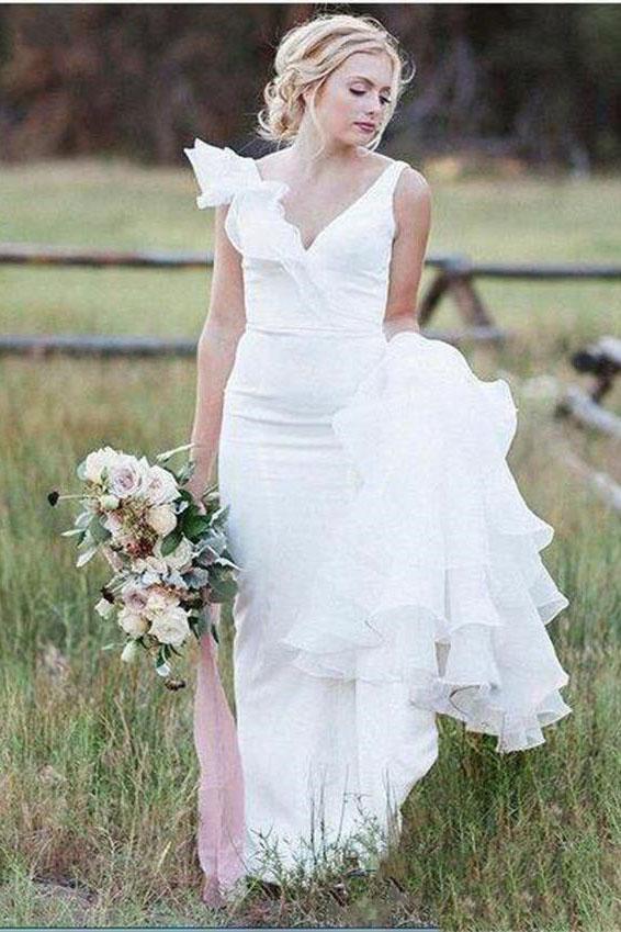 V Neck Backless Mermaid Chiffon White Wedding Dresses Long Simple Bridal Dresses