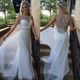 White Backless Sheer Silver Beaded Bodice with Sparkle Long Chiffon Sequin Prom Dresses
