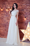 Lace Romantic White Chiffon A-Line Floor-Length Bateau Short Sleeve Wedding Dress