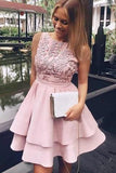 Cute A line Sleeveless Scoop Satin Pink Embroidery Short Homecoming Dresses