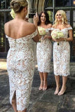 Unique Mermaid Off the Shoulder Ivory Lace Sweetheart Bridesmaid Dresses with Slit STI15540
