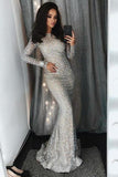 Gorgeous Long Sleeves Elegant Sheath Sequin Shiny Modest Prom Dresses P5HGK3JM