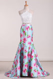 2024 Two Pieces Halter Mermaid Floral Prom Dresses PKXH9FMZ