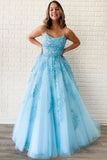 Unique A-Line Sky Blue Tulle Appliques Beads Scoop Prom Dresses with Lace STI15681