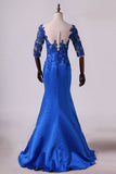 2024 Hot Bateau Dark Royal Blue Mother Of The Bride Dresses 3/4 Length Sleeve With Applique P3F4ASXD