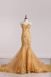 2024 Tulle Sweetheart Mermaid/Trumpet With Gold Applique And Beads PHB77LAQ