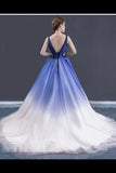 Ombre Contrast Colored A Line Prom Dress Pleated V Neck Long PZBH9Q2A